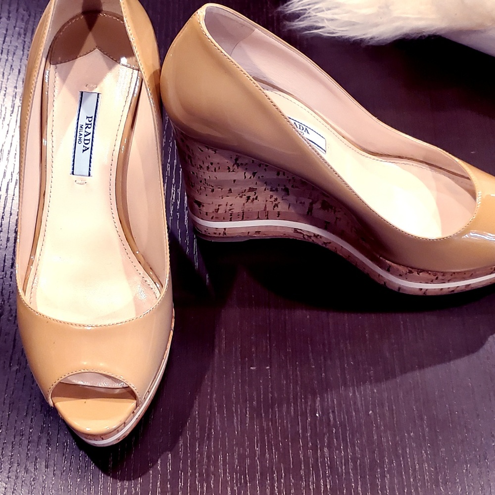 Prada Nude Patent Peep Toe Cork Wedge Shoes